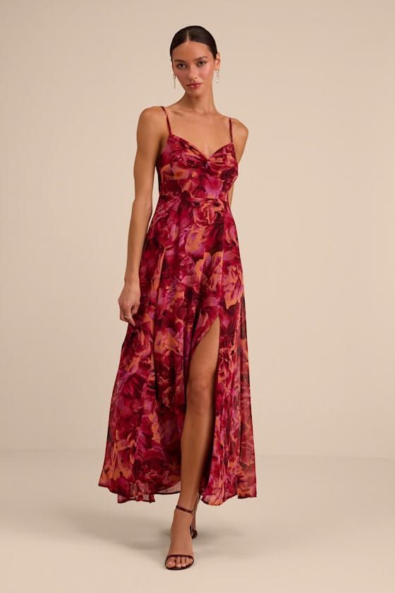 Violet Burgundy Floral Twist-Front Maxi Dress
