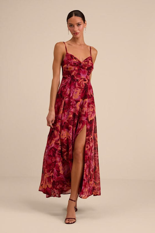 Violet Burgundy Floral Twist-Front Maxi Dress