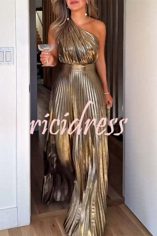 Gold Be My Guest Metallic Fabric Pleated One Shoulder Maxi Dress