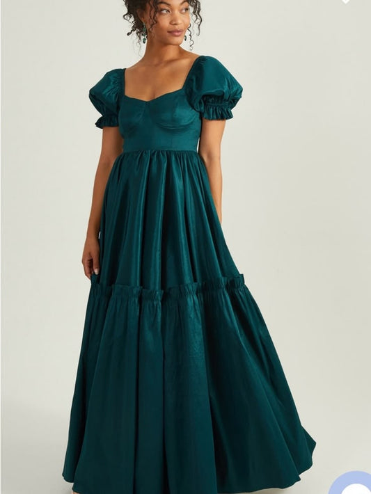 Isadora Puff-Sleeve Maxi Dress in Deep Teal