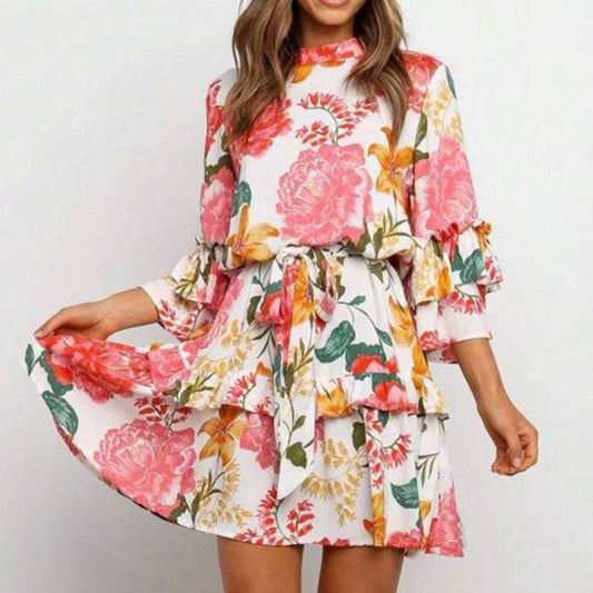 Boho Floral Print 3/4 Ruffle Sleeve Belted Mini Dress | Color: Red | Size: Various