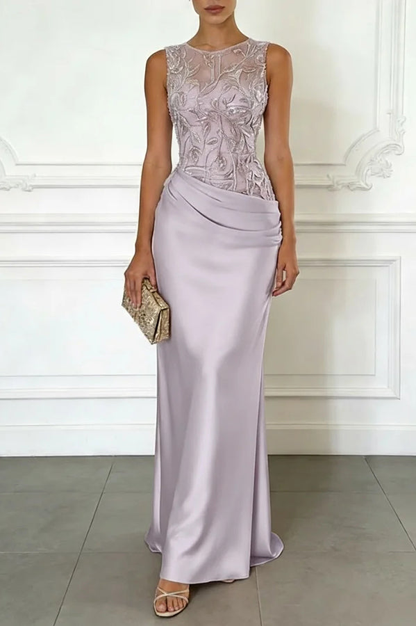 Green Vera Mesh Embroidery Satin Ruched Crew Neck Sleeveless Gown Maxi Dress