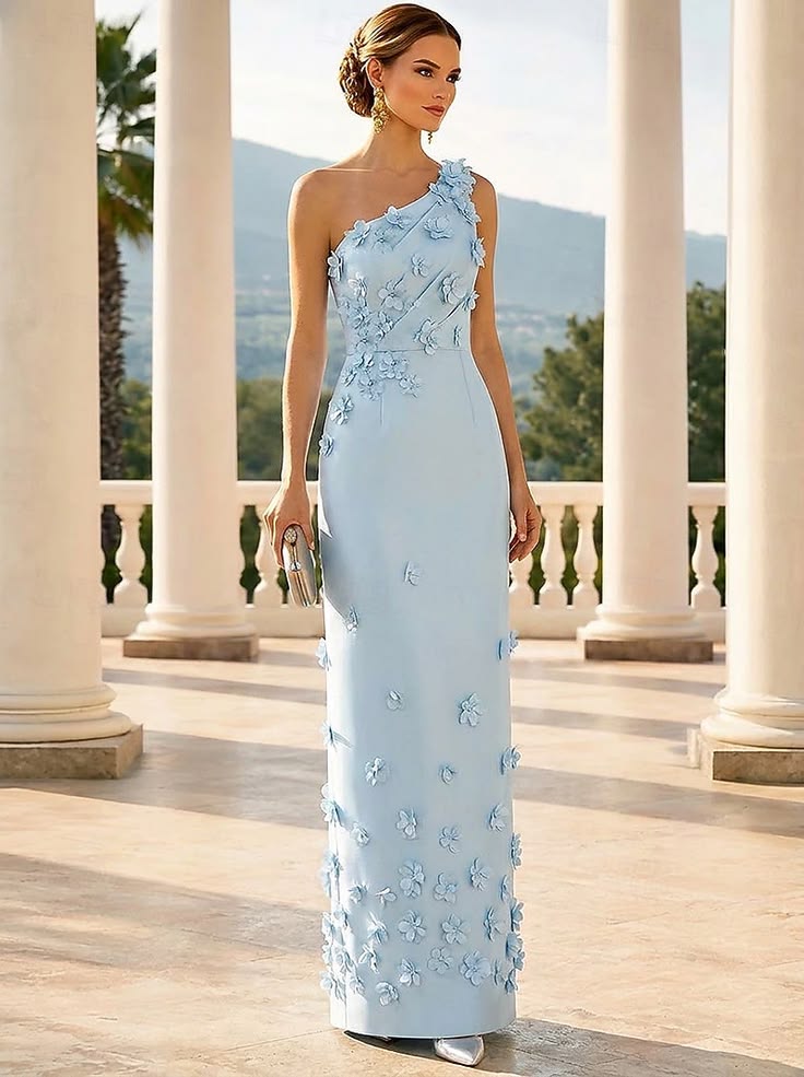 Sheath Column Floor Length Evening Gown Formal Dress Elegant Floral Sleeveless One Shoulder Garden Party Wedding Satin w