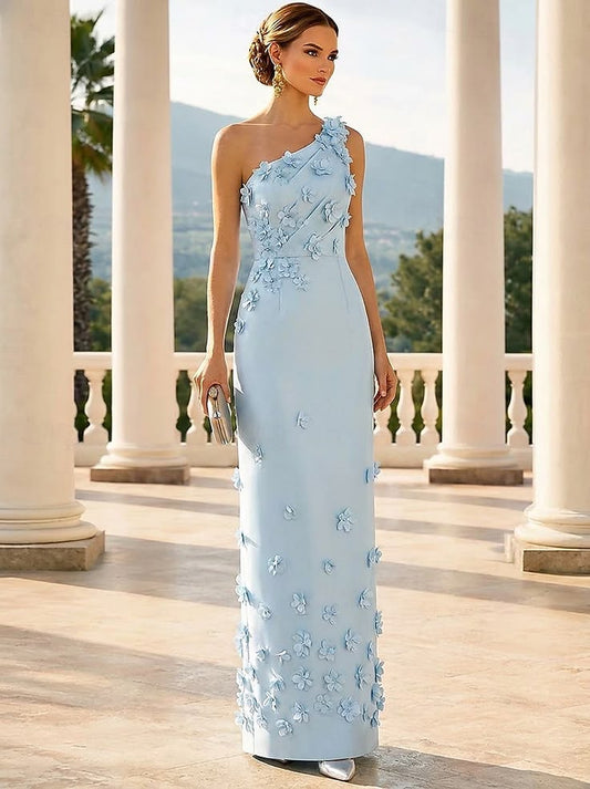 Sheath Column Floor Length Evening Gown Formal Dress Elegant Floral Sleeveless One Shoulder Garden Party Wedding Satin w