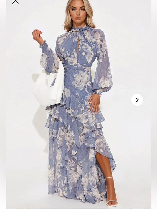 Fashion Nova Dresses | Fashion Nova Lavender Floral Ruffle Maxi Dress Never Worn With Tags | Color: Blue/Cream | Size: L