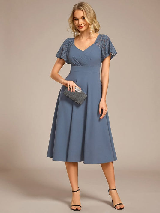 ever EVIE|Short Sleeves A-Line Midi Wedding Guest Dress with Pockets - Denim Blue / 4