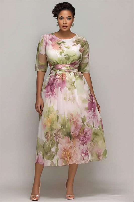 Xpluswear Design Plus Size Wedding Guest Multicolor Floral Round Neck Short Sleeve See Through Chiffon Midi Dresses [Pre