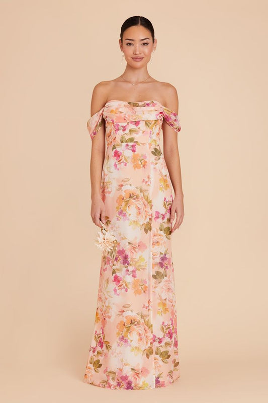 Mira Chiffon Dress in Coral Sunset Peonies