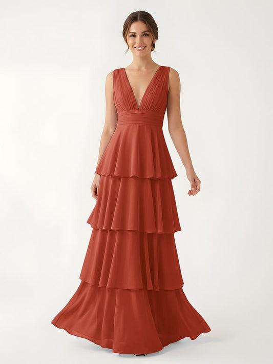 Chiffon Rust Bridesmaid Dresses V-neck Floor-length A-line, Rust / US0