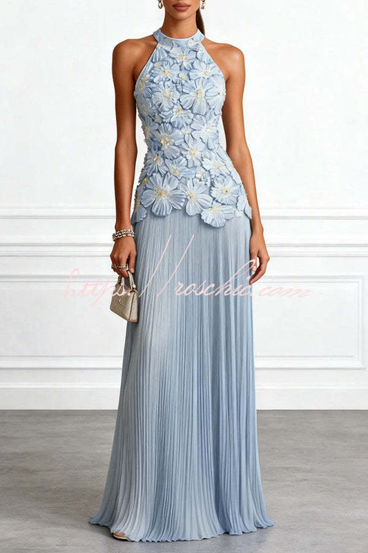 Blue Emilie 3D Floral Embroidered Halter Maxi Dress