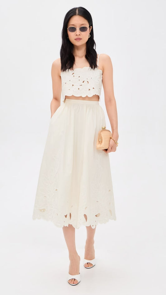 Cinq À Sept Paisley Bloom Embroidered Midi Skirt - Creamwhite