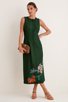 Nell Crepe Embroidered Dress in Verdant Green