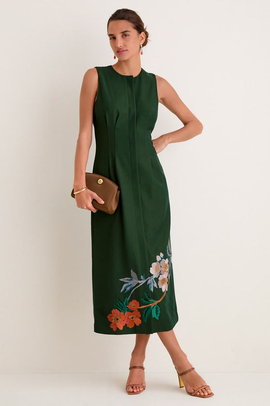 Nell Crepe Embroidered Dress in Verdant Green