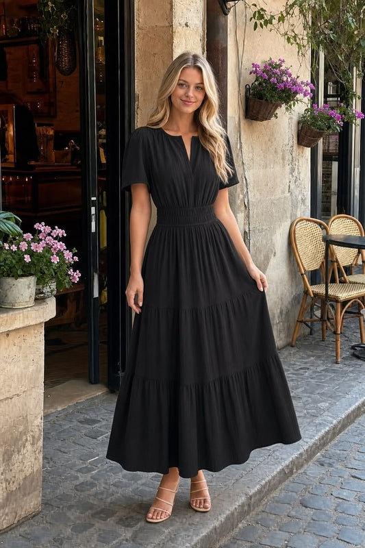 Sophisticated Pleated V-Neck Dress with Ruffles