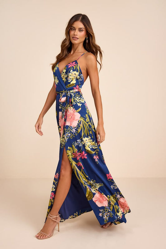 Arabella Blue Floral Satin Maxi Dress