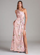 Margot One-Shoulder Stretch Satin Gown in Rosy Floral Bloom