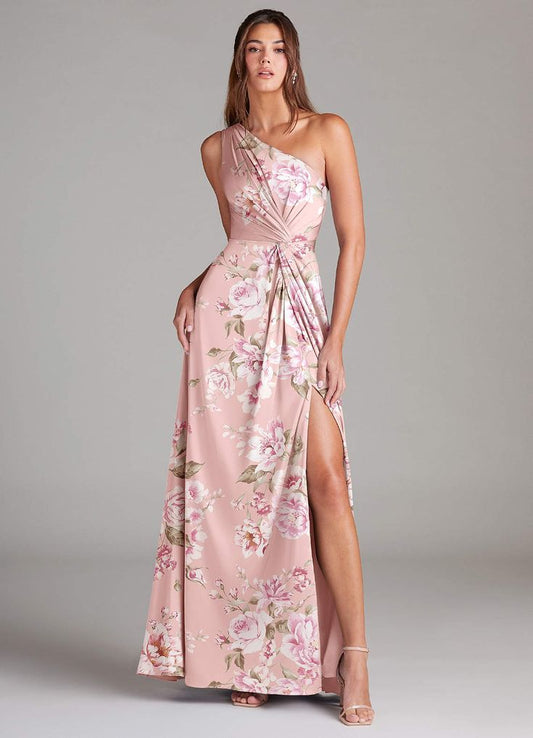 Margot One-Shoulder Stretch Satin Gown in Rosy Floral Bloom