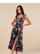 Violet Floral Ruffle Midi Dress