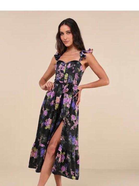 Violet Floral Ruffle Midi Dress