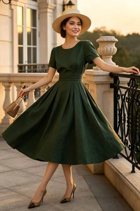 Dark Green Linen Midi Dress, Elegant Pleated Waist Fit and Flare Dress, Short Sleeve Summer Dress with Pockets, Custom, 