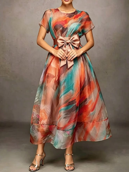 Women's Colorful Abstract Print Round-neck Short-sleeve Casual Loose A-line Dress