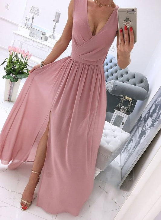 WD0573,Sexy Deep V Neck A Line Prom Dress High Slit Simple Chiffon Pink Formal Evening Dresses Long Party Gowns
