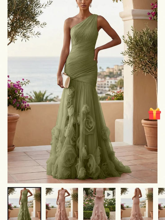 One Shoulder Tulle Pleated Gown With 3d Flowers | Color: Green | Size: 8
