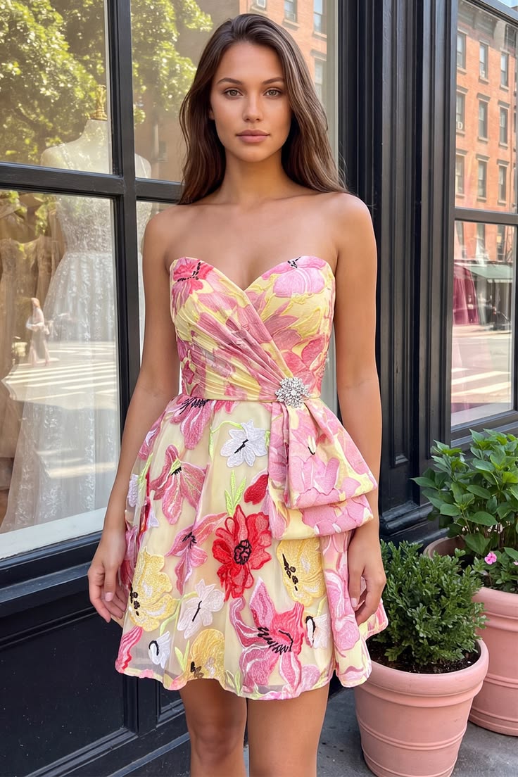 Floral Sparkly Pink Sweetheart Beaded Short Homecoming Dress - Pink / US14