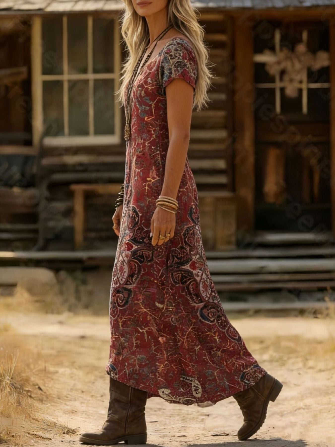 Neck Short Sleeve Midi Dress Margot Printed V-Neck Tiered Dress