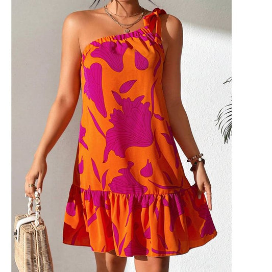 Maternity Vibrant Floral Print One Shoulder Ruffle Hem Mini Dress | Color: Orange/Pink | Size: Various