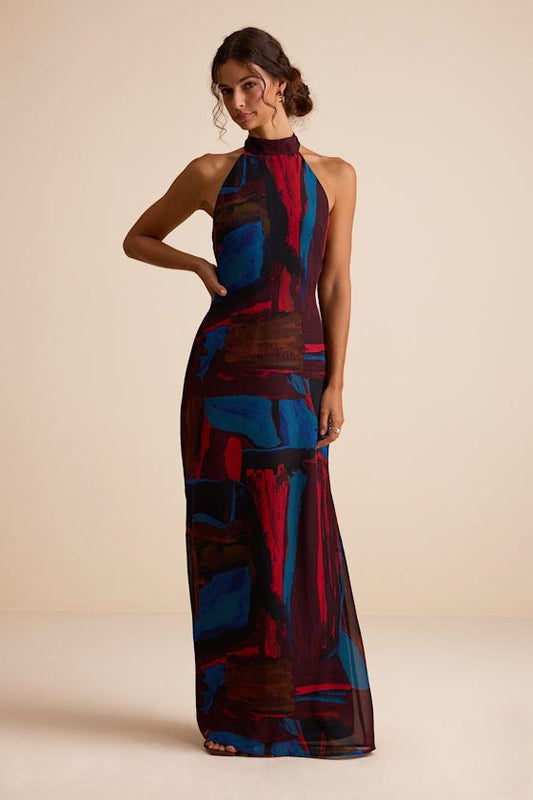 Solayne Abstract Halter Maxi Dress in Burgundy