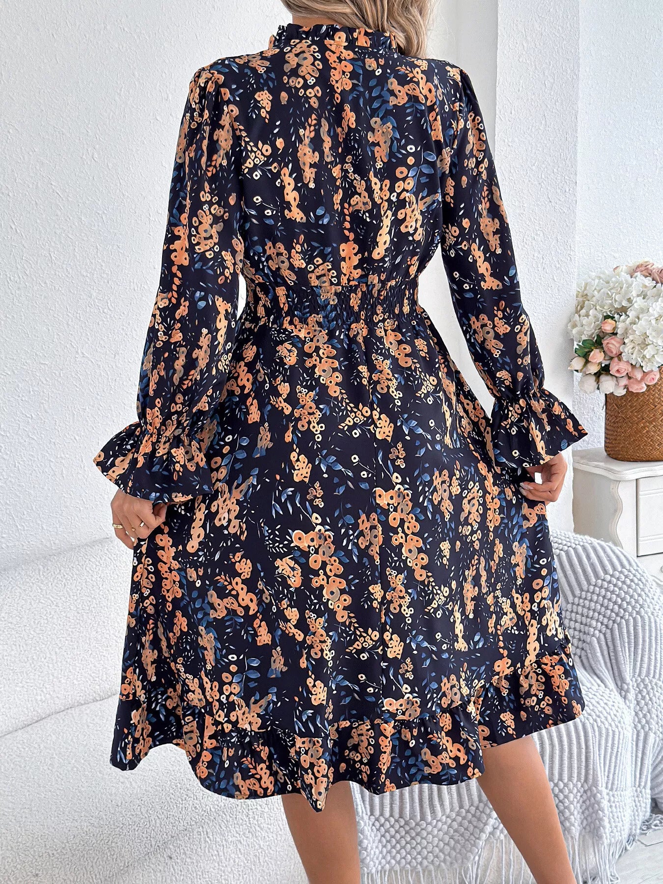 Black Vivienne Floral Ruffle A-Line Dress