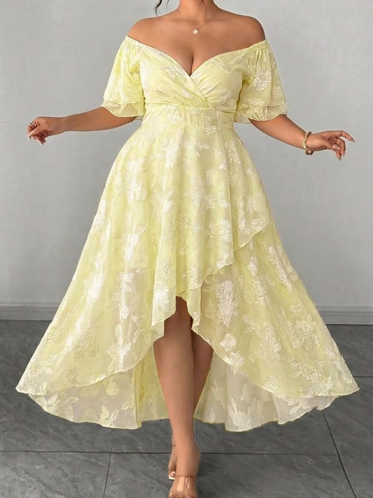 Moda Me Couture Dresses | Light Yellow Elegant Women's Plus Size Off-Shoulder Floral Hi Low Maxi Dress | Color: Yellow |