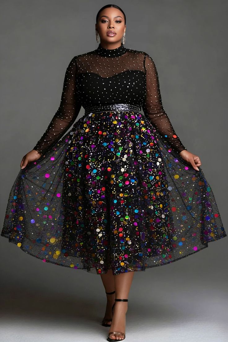 Xpluswear Design Plus Size Party Tulle Multicolor Mock Neck Long Sleeve See Through Elegant Sequin Midi Dresses Multicol