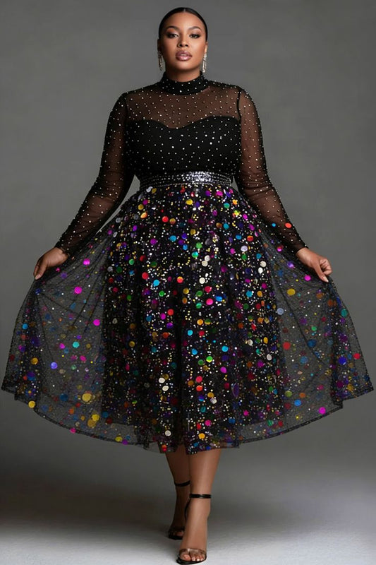 Xpluswear Design Plus Size Party Tulle Multicolor Mock Neck Long Sleeve See Through Elegant Sequin Midi Dresses Multicol