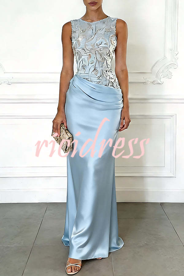 Gold Vera Mesh Embroidery Satin Ruched Crew Neck Sleeveless Gown Maxi Dress