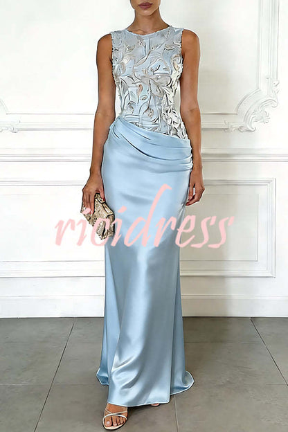 Green Vera Mesh Embroidery Satin Ruched Crew Neck Sleeveless Gown Maxi Dress