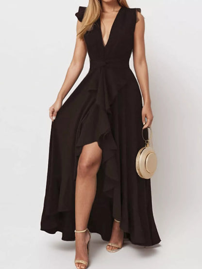 Deep Red Arabella Ruffled High-Low Maxi Dress