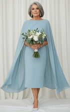 Dusty Blue Midi Sheath Mother of the Bride Dress with Cape