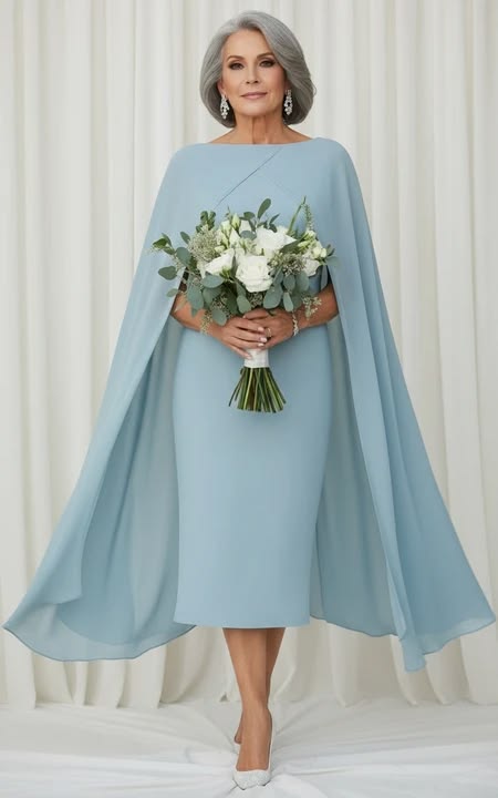 Dusty Blue Midi Sheath Mother of the Bride Dress with Cape