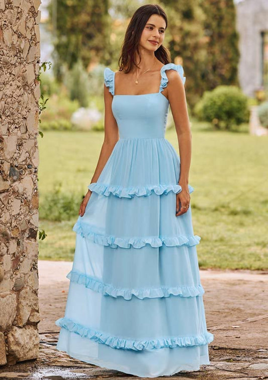 A-line Ruffle Straps Square Neckline ChiffonTiered Maxi Bridesmaid Dress S6115B - Bridesmaid Dresses - Stacees