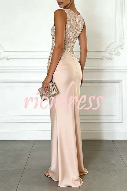 Purple Vera Mesh Embroidery Satin Ruched Crew Neck Sleeveless Gown Maxi Dress