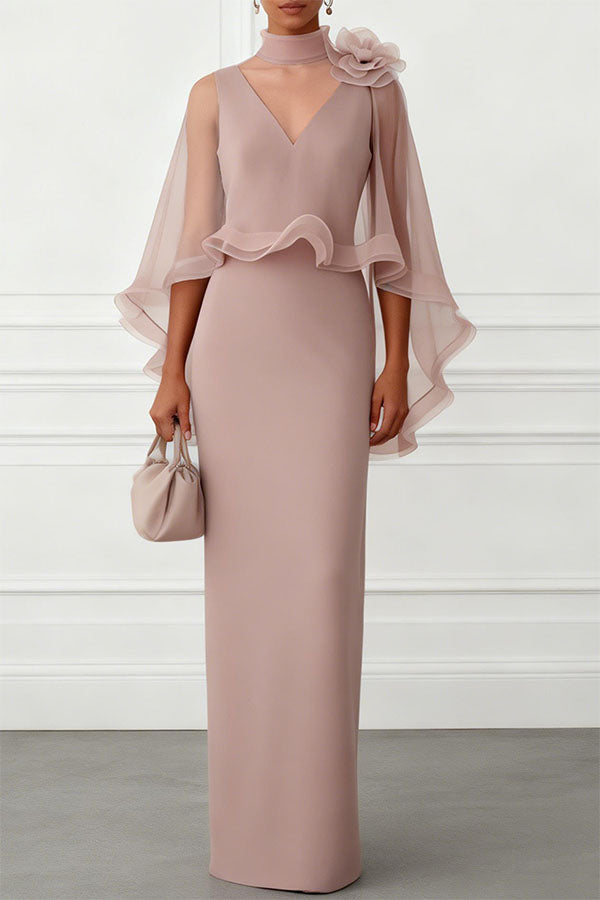 Pink Tallisa 3D Floral Mesh Mock Neck Half Cape Sleeve Gown Maxi Dress