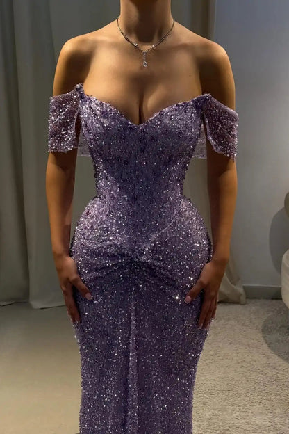 Shoulder Sequins Prom Dress Mermaid Column With Beads Violet Sequin Mermaid Gown