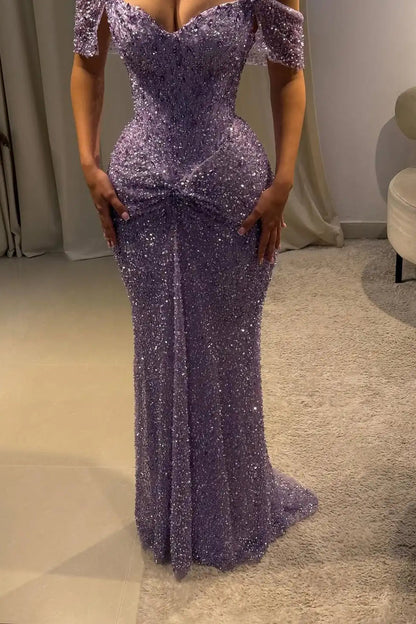 Shoulder Sequins Prom Dress Mermaid Column With Beads Violet Sequin Mermaid Gown