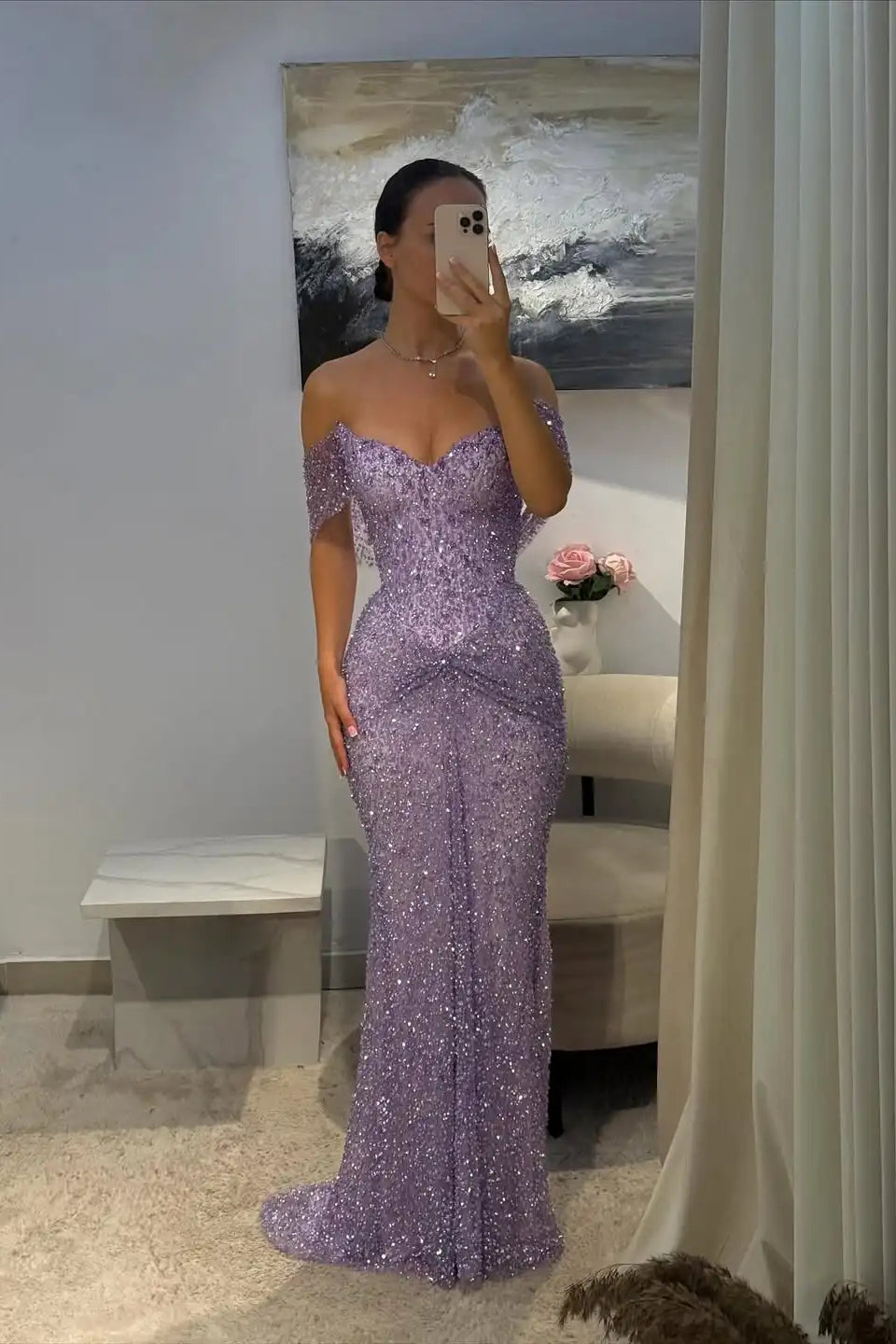 Shoulder Sequins Prom Dress Mermaid Column With Beads Violet Sequin Mermaid Gown