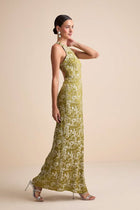 Lamila Chartreuse Floral Satin Maxi Dress
