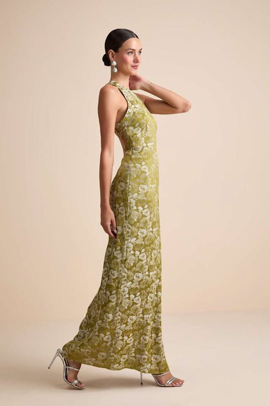 Lamila Chartreuse Floral Satin Maxi Dress