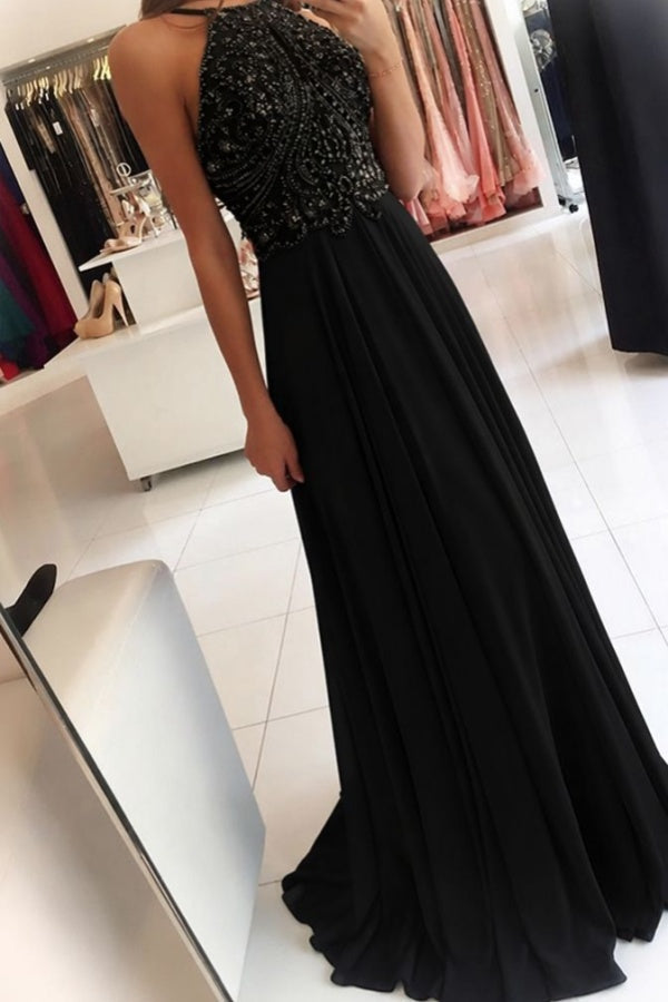Line Prom Dress with Beadings Adelaide Beaded Chiffon Halter Gown