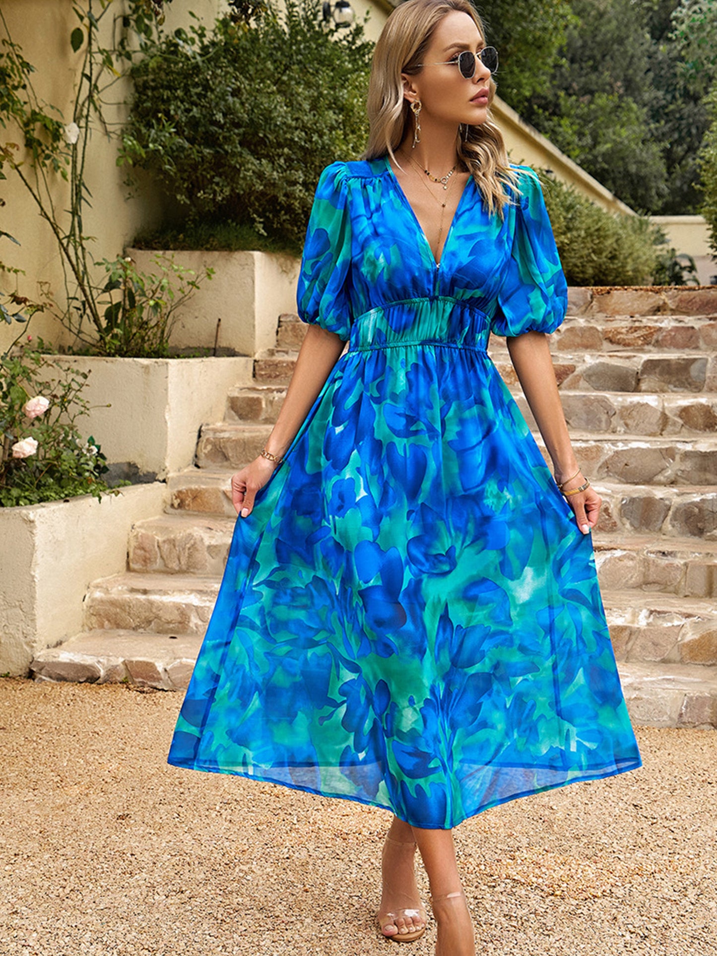 Blue Margot V-Neck Wedding Guest Dress in Periwinkle
